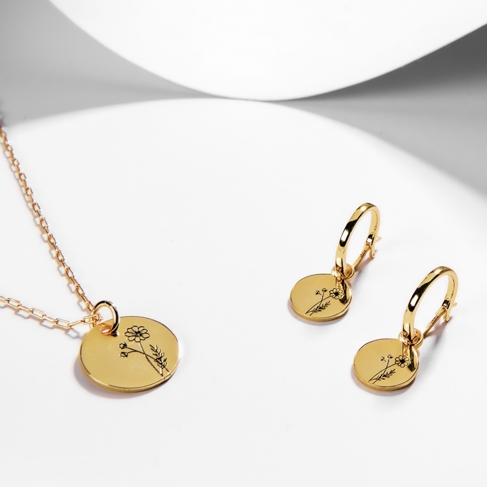 Birth Month Flower SET - coin necklace + earrings